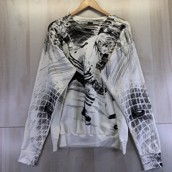 Vintage 1990s Black White Wrap Graphic Hockey Sweatshirt Mens XL Center Star USA - Picture 8 of 11